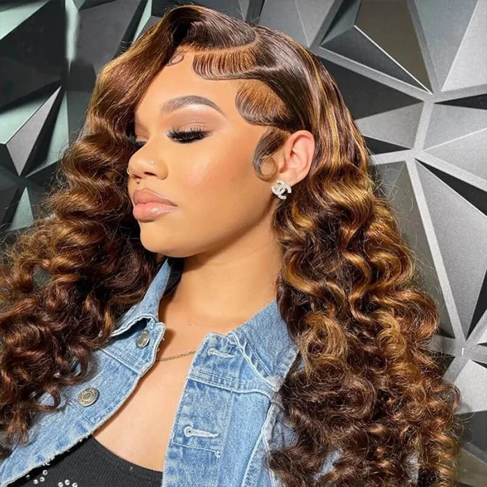 P4/27 Honey Blonde Highlight Loose Wave Wig Glueless 13x4 HD Lace Front Human Hair Wigs Pre Plucked 6 P4/27 Honey Blonde Highlight Loose Wave Wig Glueless 13x4 HD Lace Front Human Hair Wigs Pre Plucked - Image 4