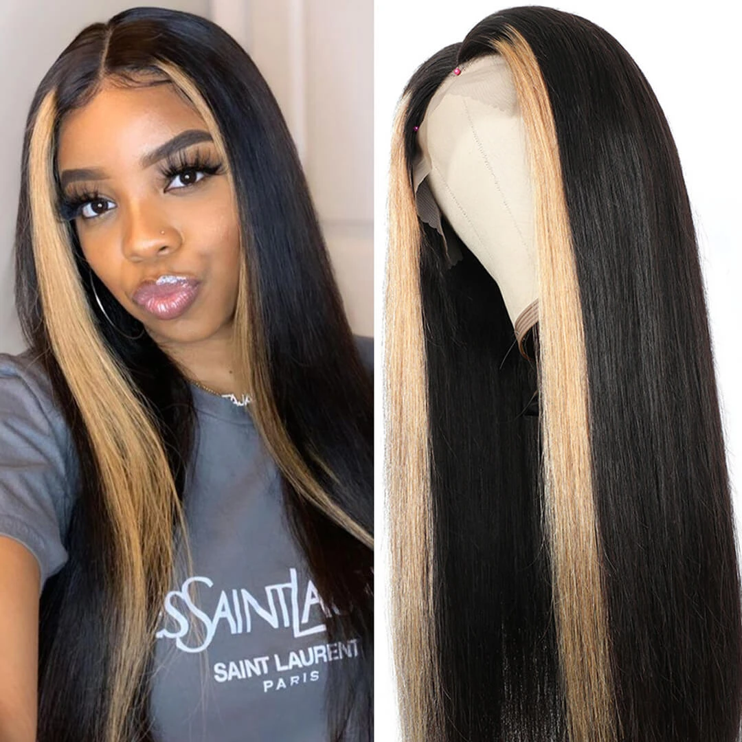 Skunk Stripe Wig With Honey Blonde Highlights Straight Hair HD Lace Front Wigs With Streaks In Front 5 Skunk Stripe Wig With Honey Blonde Highlights Straight Hair HD Lace Front Wigs With Streaks In Front - Image 3