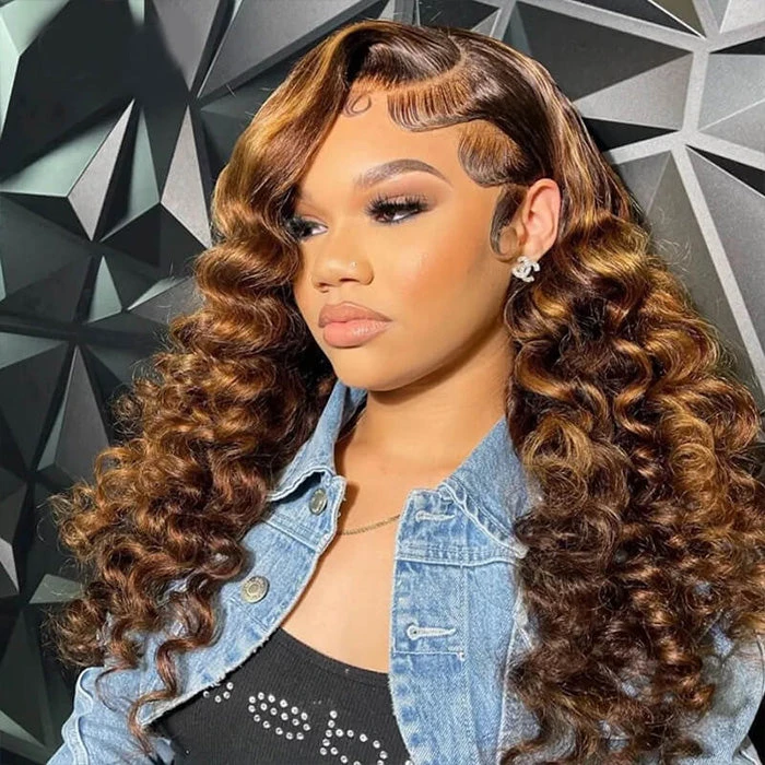 P4/27 Honey Blonde Highlight Loose Wave Wig Glueless 13x4 HD Lace Front Human Hair Wigs Pre Plucked 5 P4/27 Honey Blonde Highlight Loose Wave Wig Glueless 13x4 HD Lace Front Human Hair Wigs Pre Plucked - Image 3