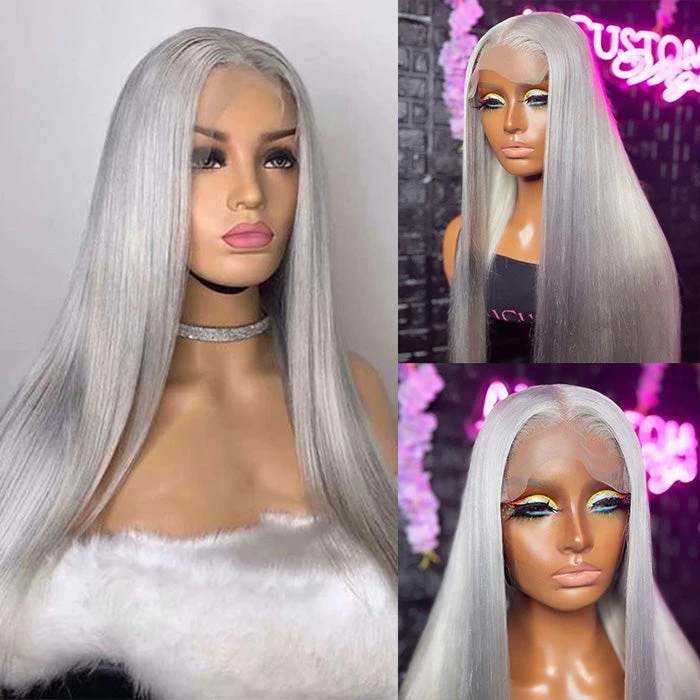 Sliver Gray Color Silky Straight 13x6/5*5 Lace Front Pre Plucked Human Hair Wigs For Women 3 Sliver Gray Color Silky Straight 13x6/5*5 Lace Front Pre Plucked Human Hair Wigs For Women