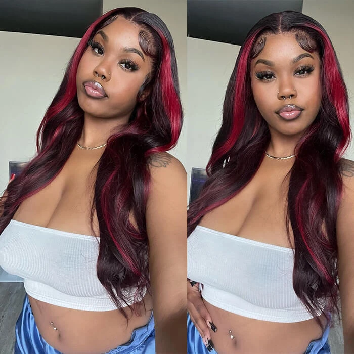 Black Wig With 99J Burgundy Highlight Mixed Colored 13*4/5x5 HD Lace Front Wigs Money Piece Hair 4 Black Wig With 99J Burgundy Highlight Mixed Colored 13*4/5x5 HD Lace Front Wigs Money Piece Hair - Image 2