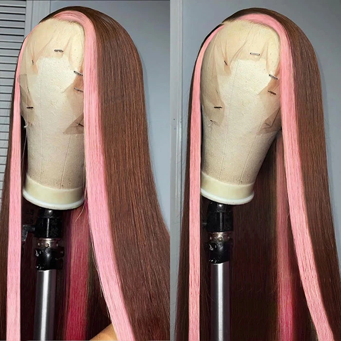 Strawberry Pink & Chocolate Skunk Stripe Color Wig Straight And Body Wave 13*4 Lace Front Wig 4 Strawberry Pink & Chocolate Skunk Stripe Color Wig Straight And Body Wave 13*4 Lace Front Wig - Image 2
