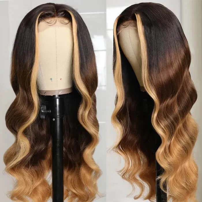 Ombre Lace Front Wigs With Blonde Highlight #T1B/4/27 Three Tone Brazilian Body Wave HD Lace Human Hair Wigs 8 Ombre Lace Front Wigs With Blonde Highlight #T1B/4/27 Three Tone Brazilian Body Wave HD Lace Human Hair Wigs - Image 6