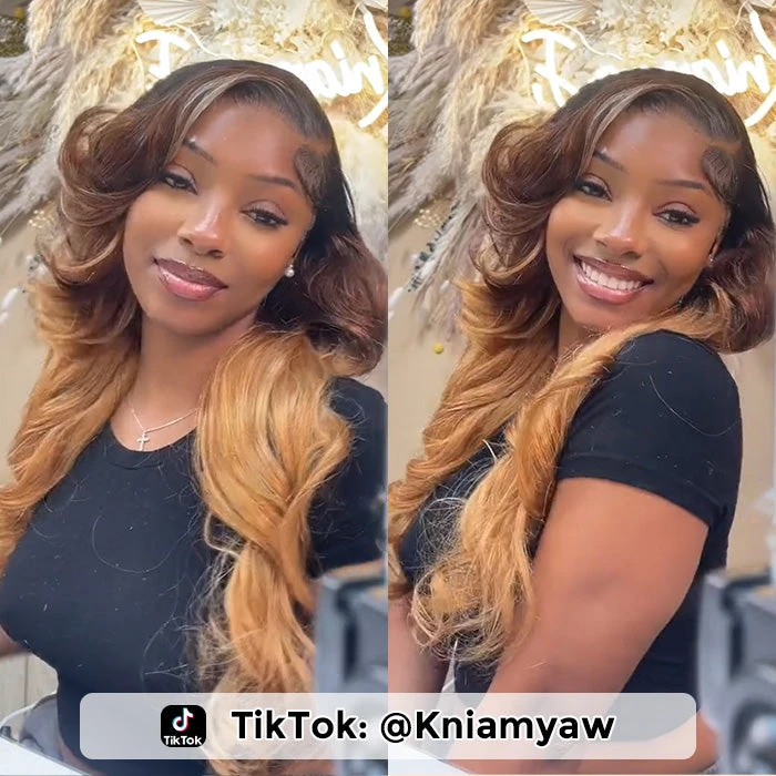 Ombre Lace Front Wigs With Blonde Highlight #T1B/4/27 Three Tone Brazilian Body Wave HD Lace Human Hair Wigs 4 Ombre Lace Front Wigs With Blonde Highlight #T1B/4/27 Three Tone Brazilian Body Wave HD Lace Human Hair Wigs - Image 2