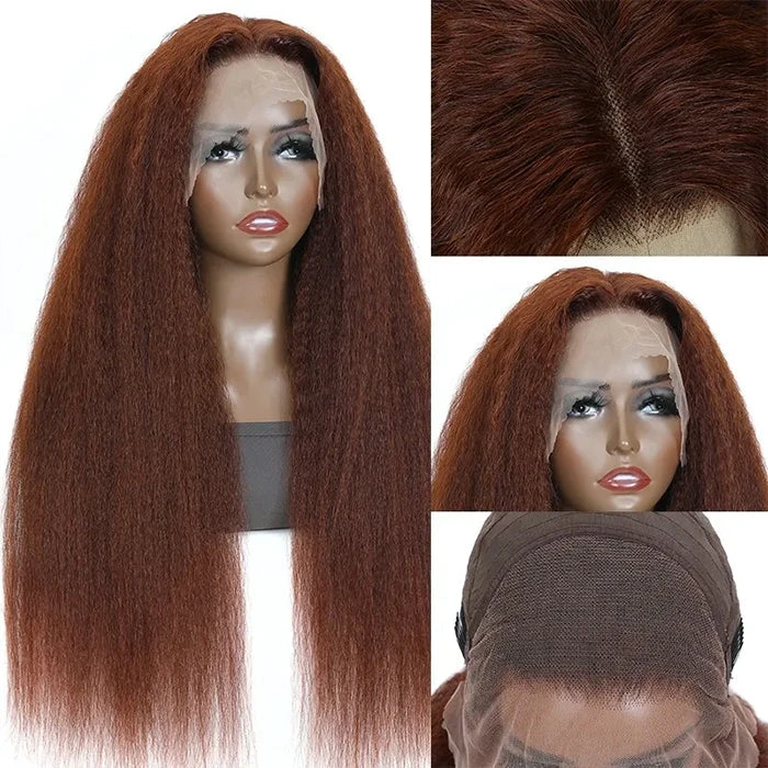 #33 Red Brown Auburn Colored Kinky Straight 13x6 HD Transparent Lace Frontal Wigs 11 #33 Red Brown Auburn Colored Kinky Straight 13x6 HD Transparent Lace Frontal Wigs - Image 9