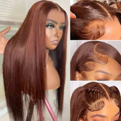 #33 Red Brown Auburn Colored Straight Lace Front Wig 13x4 13x6 HD Transparent Lace Frontal Wigs -Ethereal Hair Shop 1559