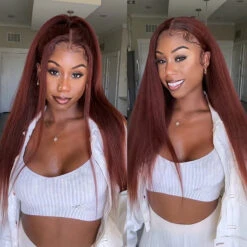 #33 Red Brown Auburn Colored Kinky Straight 13x4/5x5 HD Transparent Lace Frontal Wigs 16 #33 Red Brown Auburn Colored Kinky Straight 13x4/5x5 HD Transparent Lace Frontal Wigs -Ethereal Hair Shop 1587