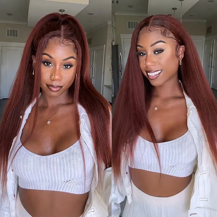 #33 Red Brown Auburn Colored Kinky Straight 13x4/5x5 HD Transparent Lace Frontal Wigs 8 #33 Red Brown Auburn Colored Kinky Straight 13x4/5x5 HD Transparent Lace Frontal Wigs - Image 6
