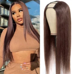 #4 Chocolate Brown Straight V/U Part Wig No Leave Out Glueless Human Hair Wigs Beginner Friendly