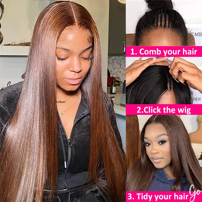 #4 Chocolate Brown Straight V/U Part Wig No Leave Out Glueless Human Hair Wigs Beginner Friendly 4 #4 Chocolate Brown Straight V/U Part Wig No Leave Out Glueless Human Hair Wigs Beginner Friendly - Image 2