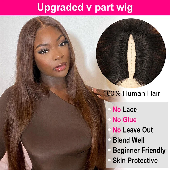#4 Chocolate Brown Straight V/U Part Wig No Leave Out Glueless Human Hair Wigs Beginner Friendly 6 #4 Chocolate Brown Straight V/U Part Wig No Leave Out Glueless Human Hair Wigs Beginner Friendly - Image 4