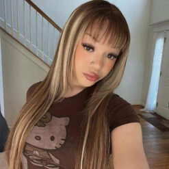 4/27 Honey Blond Highlight Straight Human Hair Wig With Bangs Virgin Human Hair Lace Front Wigs -Ethereal Hair Shop 1699