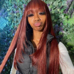 Reddish Brown Straight 13x4 Lace Front Wig With Bangs Machine Made Human Hair Wig Easy To Go -Ethereal Hair Shop 1701