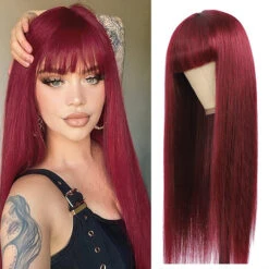 Burgundy 99J Silk Straight Human Hair Wig With Bangs Glueless Top 2x4 Lace Wig Fringe Style -Ethereal Hair Shop 1722