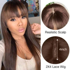 #4 Chocolate Brown Straight Wig With Bangs Glueless Top 2x4 Lace Wig With Bangs -Ethereal Hair Shop 1723