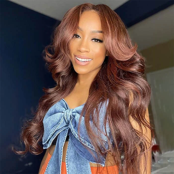 #33 Reddish Brown Curtain Bangs Wigs 13x4 HD Lace Front Human Hair Wig 3 #33 Reddish Brown Curtain Bangs Wigs 13x4 HD Lace Front Human Hair Wig