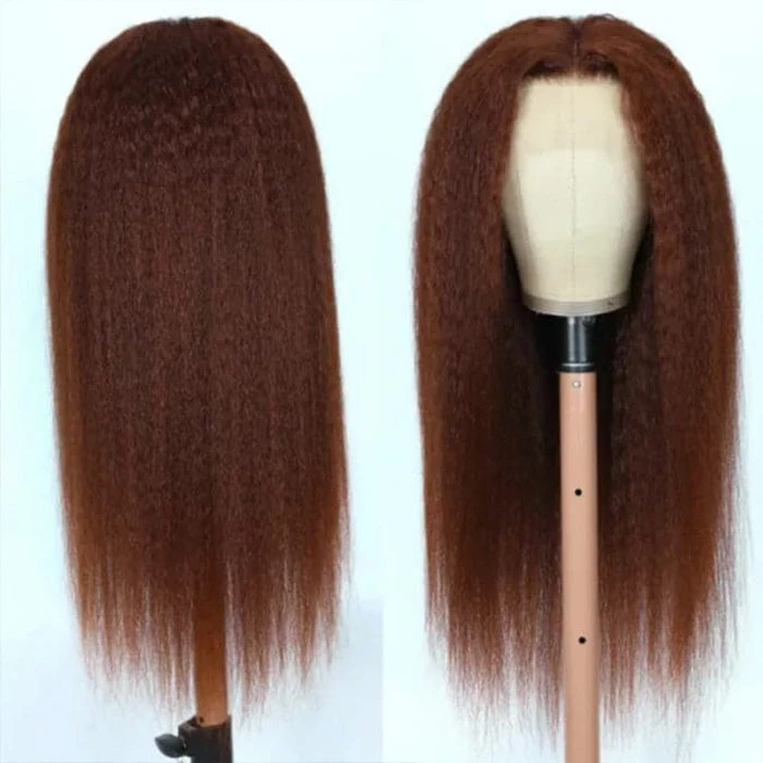 #33 Red Brown Auburn Colored Kinky Straight 13x6 HD Transparent Lace Frontal Wigs 6 #33 Red Brown Auburn Colored Kinky Straight 13x6 HD Transparent Lace Frontal Wigs - Image 4