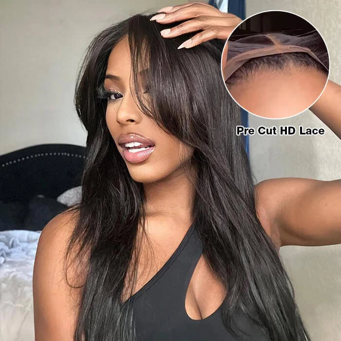 Layered Straight Curtain Bang Wig Ready Go Glueless 13x4 Lace Wig With Pre Bleached& Pre Cut 9 Layered Straight Curtain Bang Wig Ready Go Glueless 13x4 Lace Wig With Pre Bleached& Pre Cut - Image 7