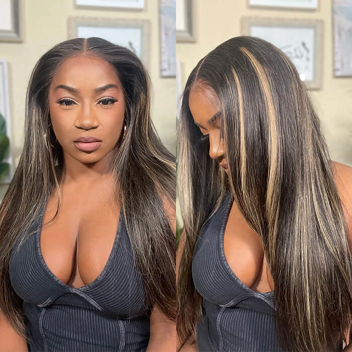 Highlight 13x4 HD Lace Frontal Wig #1B/27 Ombre Honey Blonde Brazilian Straight Human Hair Wigs 3 Highlight 13x4 HD Lace Frontal Wig #1B/27 Ombre Honey Blonde Brazilian Straight Human Hair Wigs