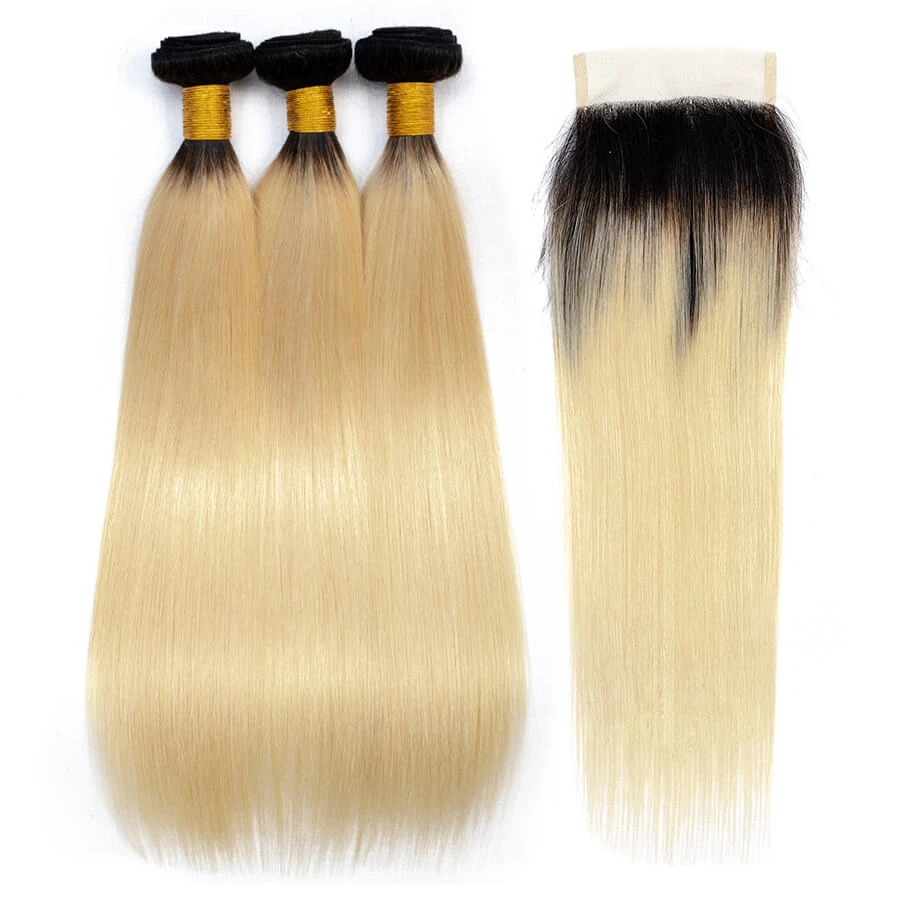 Ombre T1B/613 Blonde Brazilian Straight Hair 3 Bundles With 4*4 Closure Virgin Human Hair 4 Ombre T1B/613 Blonde Brazilian Straight Hair 3 Bundles With 4*4 Closure Virgin Human Hair - Image 2
