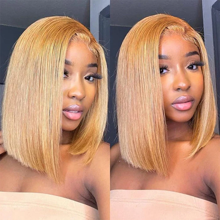 #27 Honey Blonde Short Straight Bob 13x4/4x4 Lace Wig 100% Human Virgin Hair 3 #27 Honey Blonde Short Straight Bob 13x4/4x4 Lace Wig 100% Human Virgin Hair