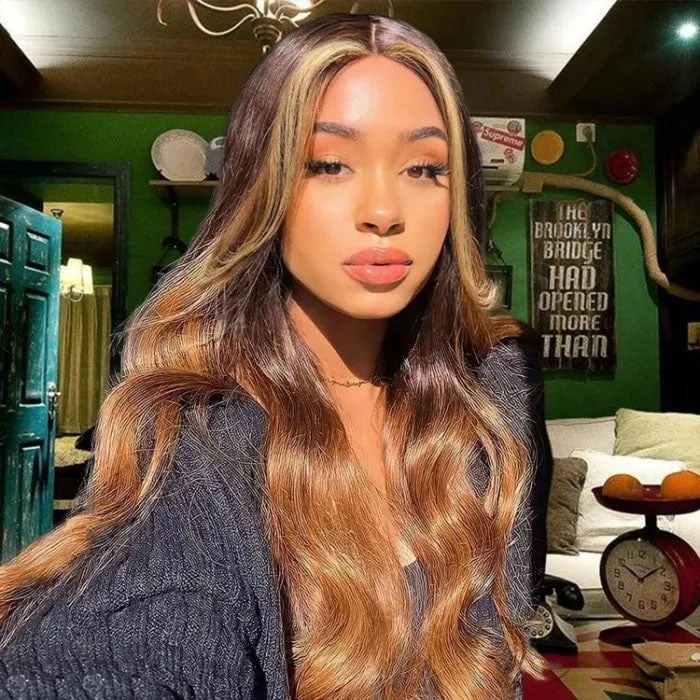 Ombre Lace Front Wigs With Blonde Highlight #T1B/4/27 Three Tone Brazilian Body Wave HD Lace Human Hair Wigs 6 Ombre Lace Front Wigs With Blonde Highlight #T1B/4/27 Three Tone Brazilian Body Wave HD Lace Human Hair Wigs - Image 4