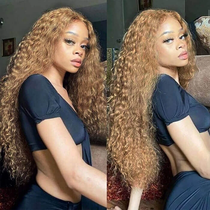Water Wave Honey Blonde 13*4 13*6 HD Transparent Lace Frontal Wigs #27 Colored Human Hair Wig For Women 4 Water Wave Honey Blonde 13*4 13*6 HD Transparent Lace Frontal Wigs #27 Colored Human Hair Wig For Women - Image 2