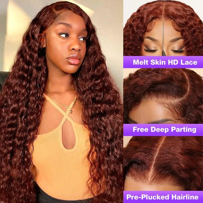 #33 Reddish Brown Color Water Wave 13x4 13x6 HD Lace Front Wigs Human Hair Pre Plucked 4 #33 Reddish Brown Color Water Wave 13x4 13x6 HD Lace Front Wigs Human Hair Pre Plucked - Image 2