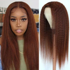 #33 Red Brown Auburn Colored Kinky Straight 13x6 HD Transparent Lace Frontal Wigs 15 #33 Red Brown Auburn Colored Kinky Straight 13x6 HD Transparent Lace Frontal Wigs -Ethereal Hair Shop 33 reddish brown kinky straight 13 by 6 hd lace front wig