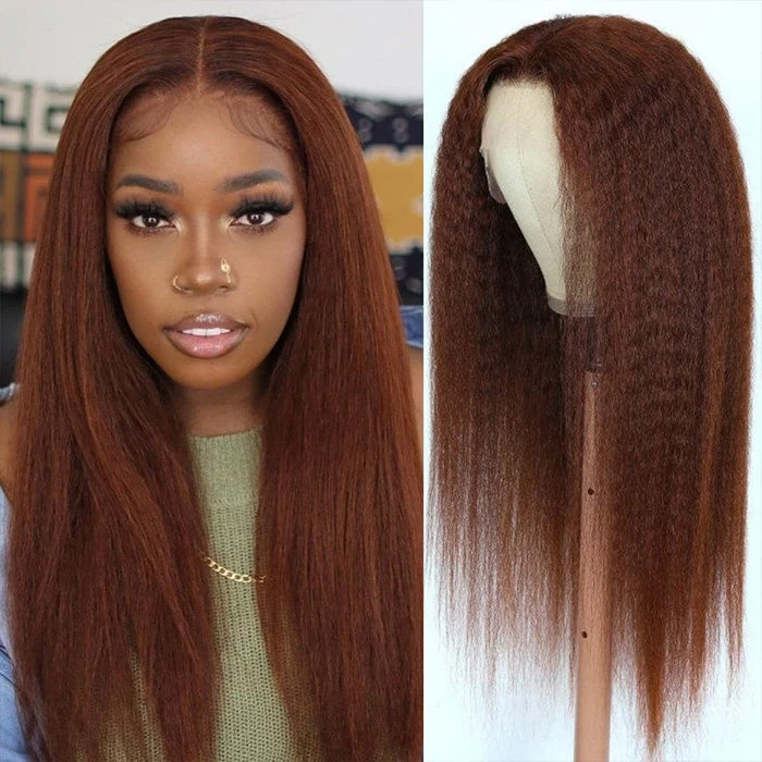 #33 Red Brown Auburn Colored Kinky Straight 13x6 HD Transparent Lace Frontal Wigs 5 #33 Red Brown Auburn Colored Kinky Straight 13x6 HD Transparent Lace Frontal Wigs - Image 3