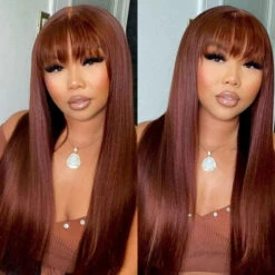 Reddish Brown Straight 13x4 Lace Front Wig With Bangs Machine Made Human Hair Wig Easy To Go