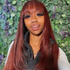 Reddish Brown Straight 13x4 Lace Front Wig With Bangs Machine Made Human Hair Wig Easy To Go -Ethereal Hair Shop 33straight 9