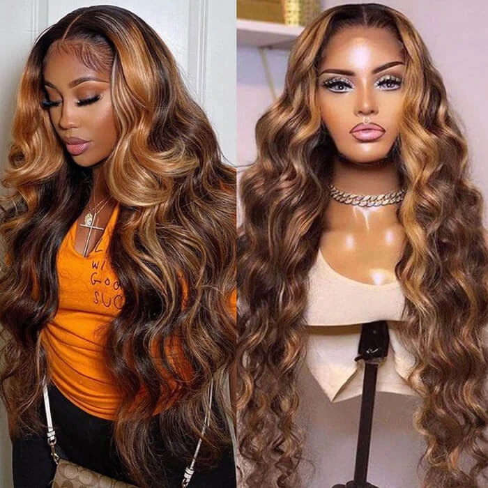 4/27 Honey Blonde Highlight Body Wave HD Lace Front Human Hair Wigs Free Part 3 4/27 Honey Blonde Highlight Body Wave HD Lace Front Human Hair Wigs Free Part