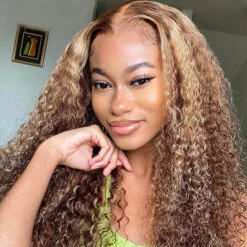 Highlight Curly Lace Front Wigs #4/27 Color Brazilian Remy Human Hair Wig Pre Plucked -Ethereal Hair Shop 4 27 highlight curly hd lace wig