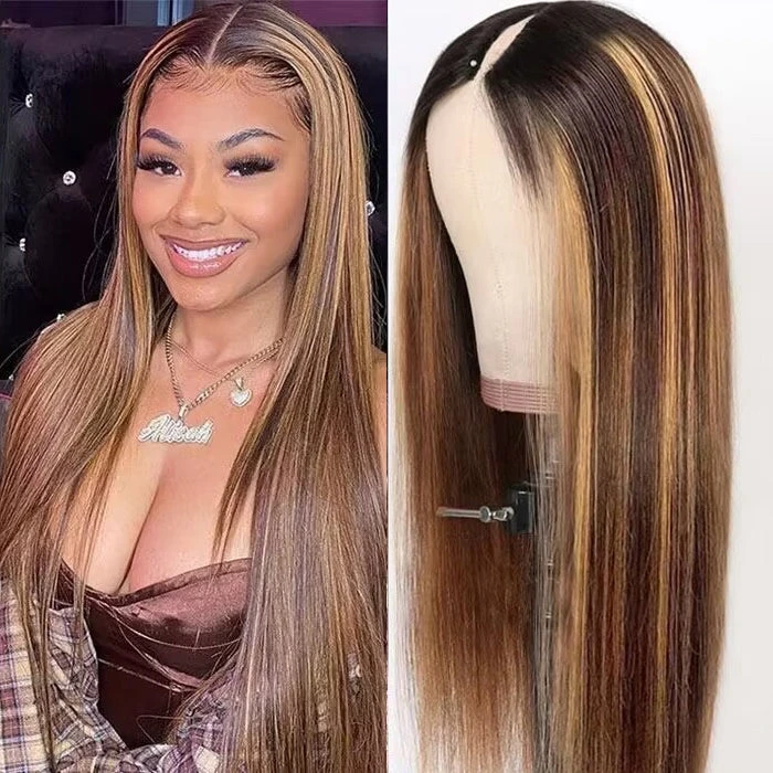 4/27 Blonde Highlight V/U Part Wigs Human Hair Straight V Part Wig Human Hair Minimal Leave Out No Lace 3 4/27 Blonde Highlight V/U Part Wigs Human Hair Straight V Part Wig Human Hair Minimal Leave Out No Lace