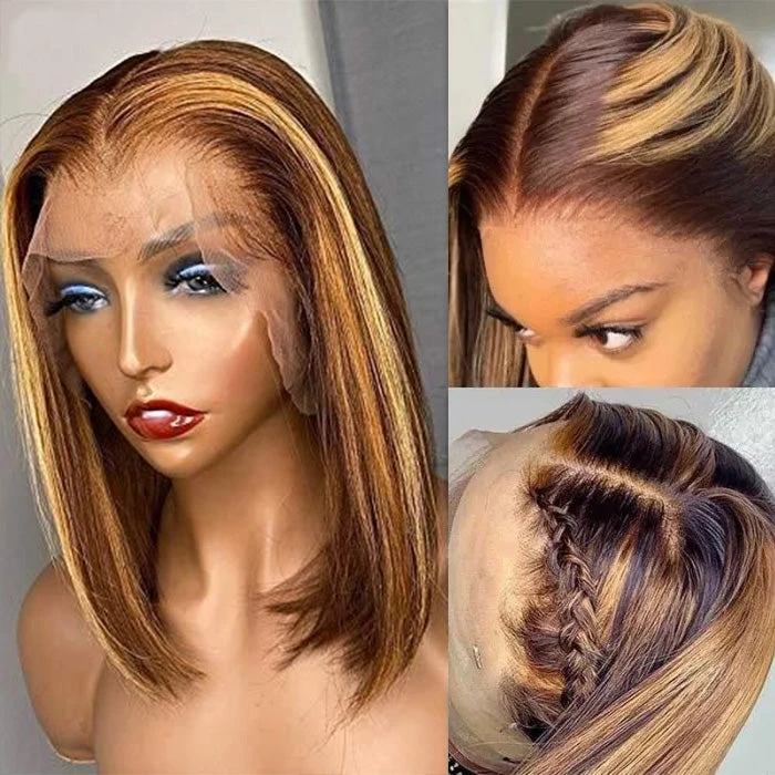 P4/27 Highlight Short Bob Wigs 13x4/13x6 Lace Front Human Hair Wigs With Baby Hair Pre Plucked With Natural Hairline 6 P4/27 Highlight Short Bob Wigs 13x4/13x6 Lace Front Human Hair Wigs With Baby Hair Pre Plucked With Natural Hairline - Image 4