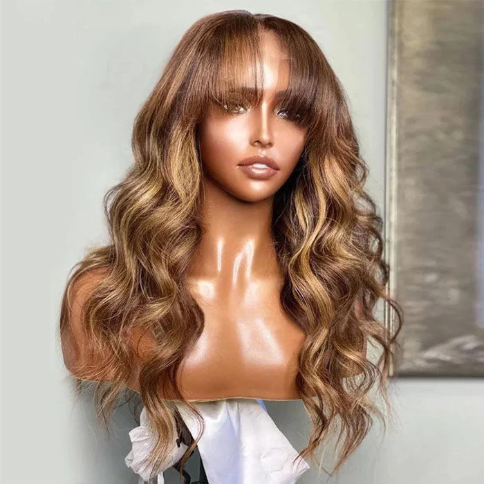 4/27 Honey Blond Highlight Body Wave Wig With Bangs Full Machinemade Wig/13x4/4x4 HD Lace Front Human Hair Wigs 6 4/27 Honey Blond Highlight Body Wave Wig With Bangs Full Machinemade Wig/13x4/4x4 HD Lace Front Human Hair Wigs - Image 4
