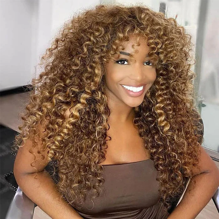 4/27 Honey Blonde Highlights Curly Human Hair Wigs With Bangs Glueless 13*4 HD Lace Front Wigs 4 4/27 Honey Blonde Highlights Curly Human Hair Wigs With Bangs Glueless 13*4 HD Lace Front Wigs - Image 2