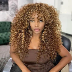 4/27 Honey Blonde Highlights Curly Human Hair Wigs With Bangs Glueless 13*4 HD Lace Front Wigs 10 4/27 Honey Blonde Highlights Curly Human Hair Wigs With Bangs Glueless 13*4 HD Lace Front Wigs -Ethereal Hair Shop 4 27curly 3