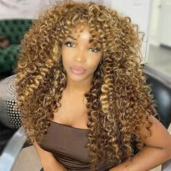 4/27 Honey Blonde Highlights Curly Human Hair Wigs With Bangs Glueless 13*4 HD Lace Front Wigs 11 4/27 Honey Blonde Highlights Curly Human Hair Wigs With Bangs Glueless 13*4 HD Lace Front Wigs -Ethereal Hair Shop 4 27curly 4