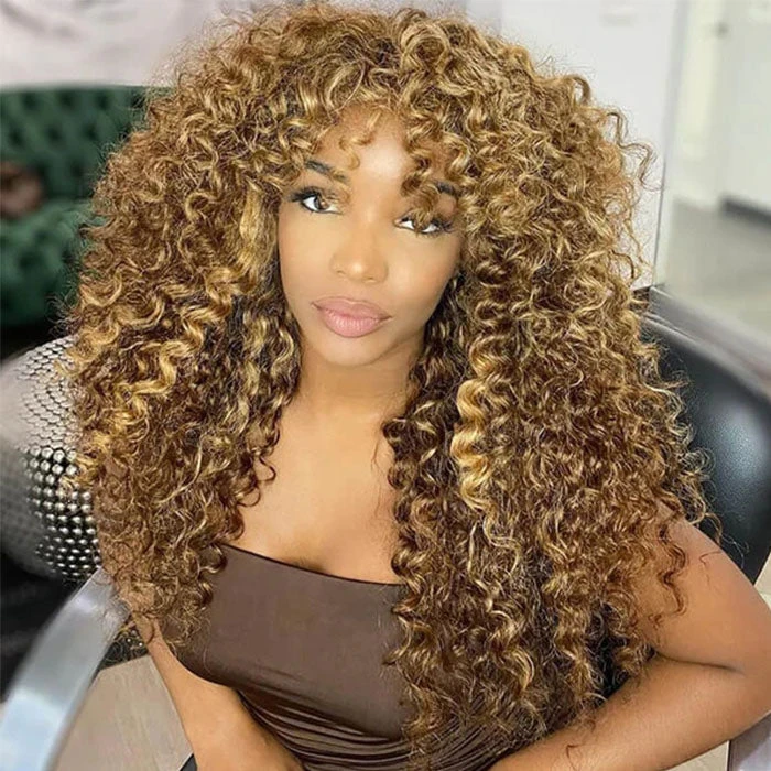 4/27 Honey Blonde Highlights Curly Human Hair Wigs With Bangs Glueless 13*4 HD Lace Front Wigs 6 4/27 Honey Blonde Highlights Curly Human Hair Wigs With Bangs Glueless 13*4 HD Lace Front Wigs - Image 4