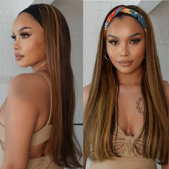 #4/27 Mix Color Highlights Headband Wigs 100% Virgin Human Hair No Gel No Glue Silk Scarf Wigs 4 #4/27 Mix Color Highlights Headband Wigs 100% Virgin Human Hair No Gel No Glue Silk Scarf Wigs - Image 2