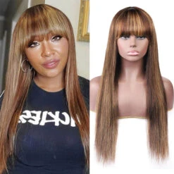 4/27 Honey Blond Highlight Straight Human Hair Wig With Bangs Virgin Human Hair Lace Front Wigs -Ethereal Hair Shop 4 27straight 7