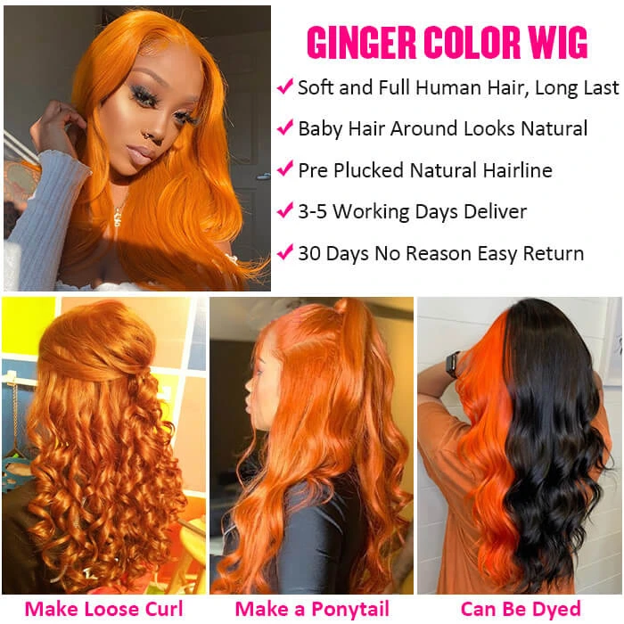 Orange Ginger Wig 13x4 13x6 HD Lace Front Wig Straight & Body Wave Pre-colored Human Hair Wigs 10 Orange Ginger Wig 13x4 13x6 HD Lace Front Wig Straight & Body Wave Pre-colored Human Hair Wigs - Image 8