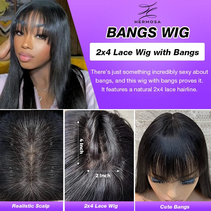 Glueless Human Hair Wigs With Bangs For Black Women Straight 2x4 HD Lace Wigs With Bangs 5 Glueless Human Hair Wigs With Bangs For Black Women Straight 2x4 HD Lace Wigs With Bangs - Image 3