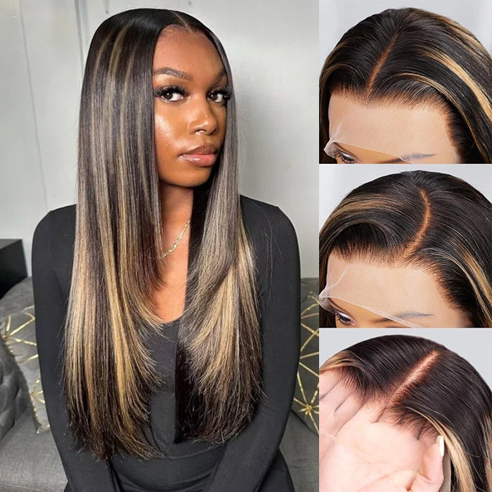 Layered Cut #1B/27 Blonde Highlights Pre Plucked 13x4 HD Lace Frontal Wig Straight Human Hair Wigs 8 Layered Cut #1B/27 Blonde Highlights Pre Plucked 13x4 HD Lace Frontal Wig Straight Human Hair Wigs - Image 6