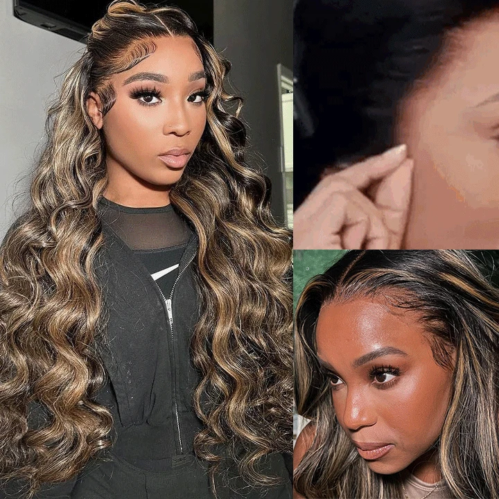 M1B/27 Highlight 13x4 HD Transparent Lace Front Wigs Body Wave Glueless Real To Wear Wig 3 M1B/27 Highlight 13x4 HD Transparent Lace Front Wigs Body Wave Glueless Real To Wear Wig