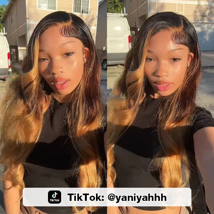 Ombre Lace Front Wigs With Blonde Highlight #T1B/4/27 Three Tone Brazilian Body Wave HD Lace Human Hair Wigs 5 Ombre Lace Front Wigs With Blonde Highlight #T1B/4/27 Three Tone Brazilian Body Wave HD Lace Human Hair Wigs - Image 3