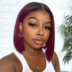 1B/99J Burgundy Ombre Short Straight Bob Wigs Human Hair With Pre Plucked Hairline -Ethereal Hair Shop 700 1b 99j bob wig 11