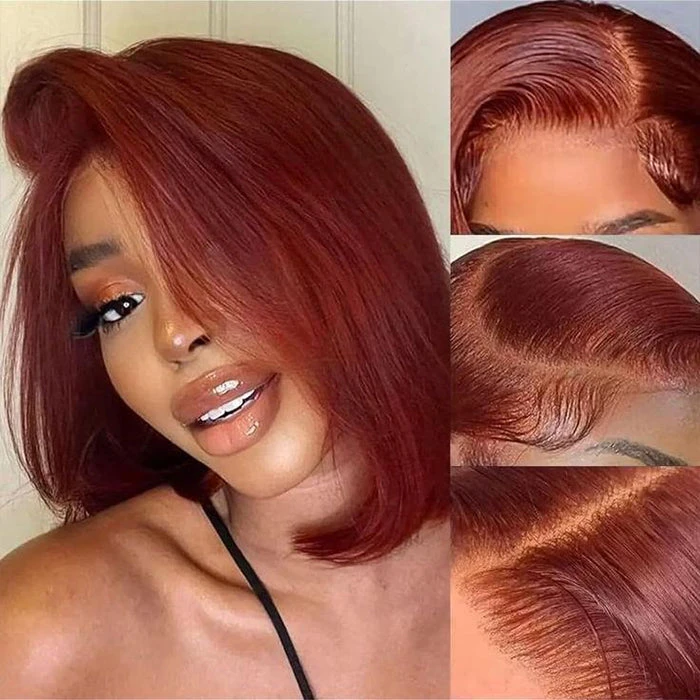 #33 Reddish Brown Color Body Wave 13x4/5x5 HD Lace Frontal Wigs Short Bob Red Brown Wig 220% Density 7 #33 Reddish Brown Color Body Wave 13x4/5x5 HD Lace Frontal Wigs Short Bob Red Brown Wig 220% Density - Image 5